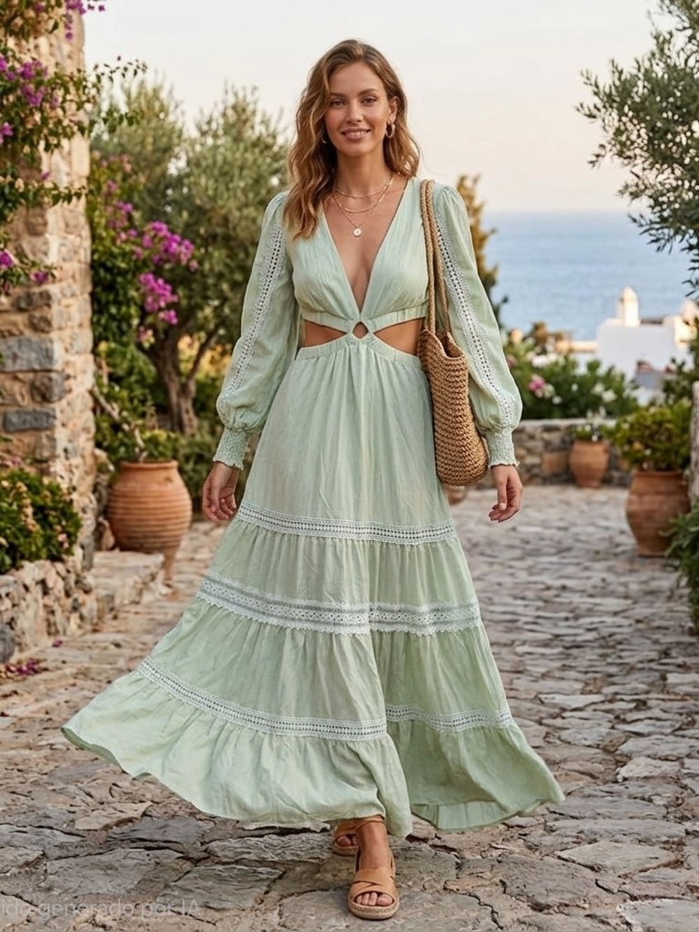 Cutout Maxi Dress in Light Sage with Puff Sleeves